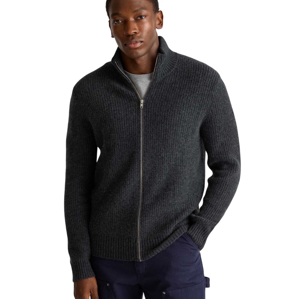 Quince Men's L Mongolian Cashmere Fisherman Full Zip Sweater Heather Charcoal